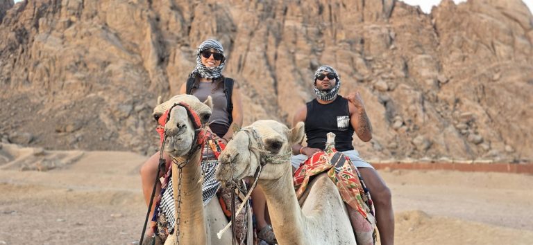 Two guests riding camels below the rocky mountains of the Sinai desert near Sharm El Sheikh